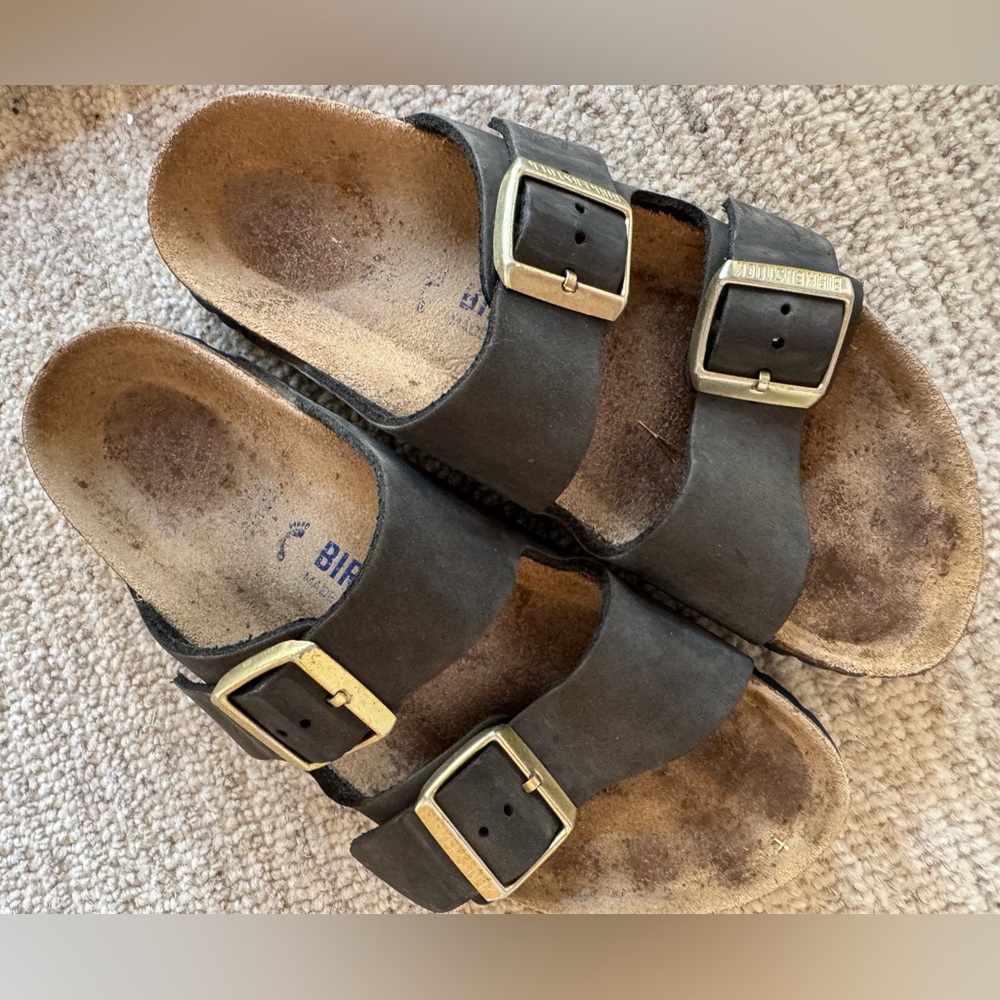 Birkenstock Navy Sandals with Metallic Buckles 38